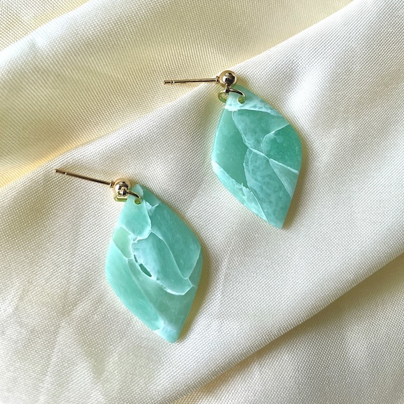 Handmade Modern Clay Earrings | Green & Blue | 14K Gold Plated Stainless Steel - Picture 4 of 4